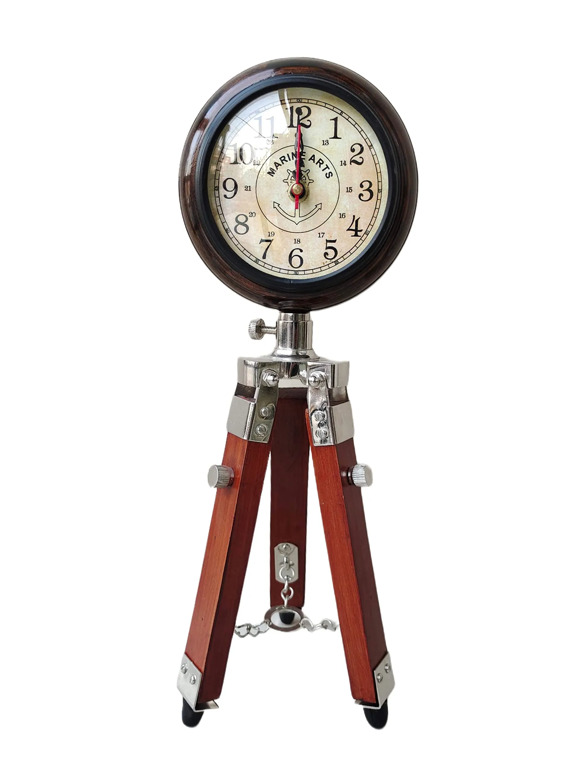 Nautical Gallery 5 inch Antique Unique Style Tripod Stand Clock Steel Finish Table Clock Vintage Style Wood (Brown)