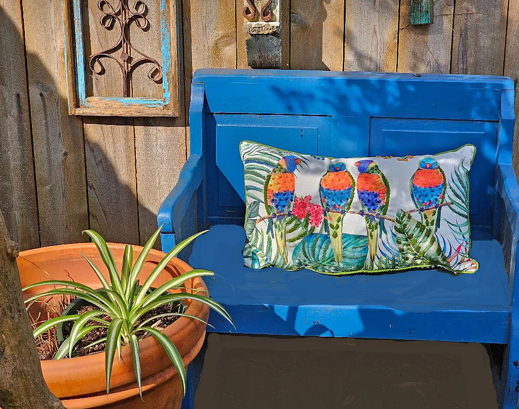 NEW  - COLORFUL PARROT PILLOW WITH YARN KNOTS & ACCENTS ON THE PALM LEAVES