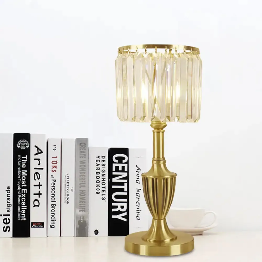 Prismatic Crystal Brass Table Lamp with LED, Contemporary Nightstand Lighting