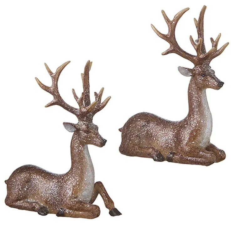 Raz Imports 2022 Christmas At The Lodge 8.75" Glittered Resting Deer, Set of 2