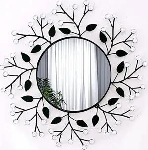 Round Mirror for Bathroom Stylish Latest Wall Mirrors 24 inch Glass 12 inch Beautiful Flower Design Home Decor - Black