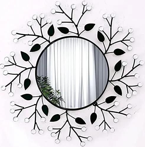 Round Mirror for Bathroom Stylish Latest Wall Mirrors 24 inch Glass 12 inch Beautiful Flower Design Home Decor - Black