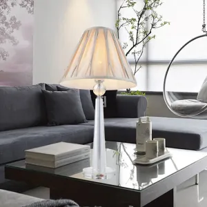 Sleek Crystal Task Lamp with Wide Flare Simplicity Fabric, Beige Nightstand Light for Bedside