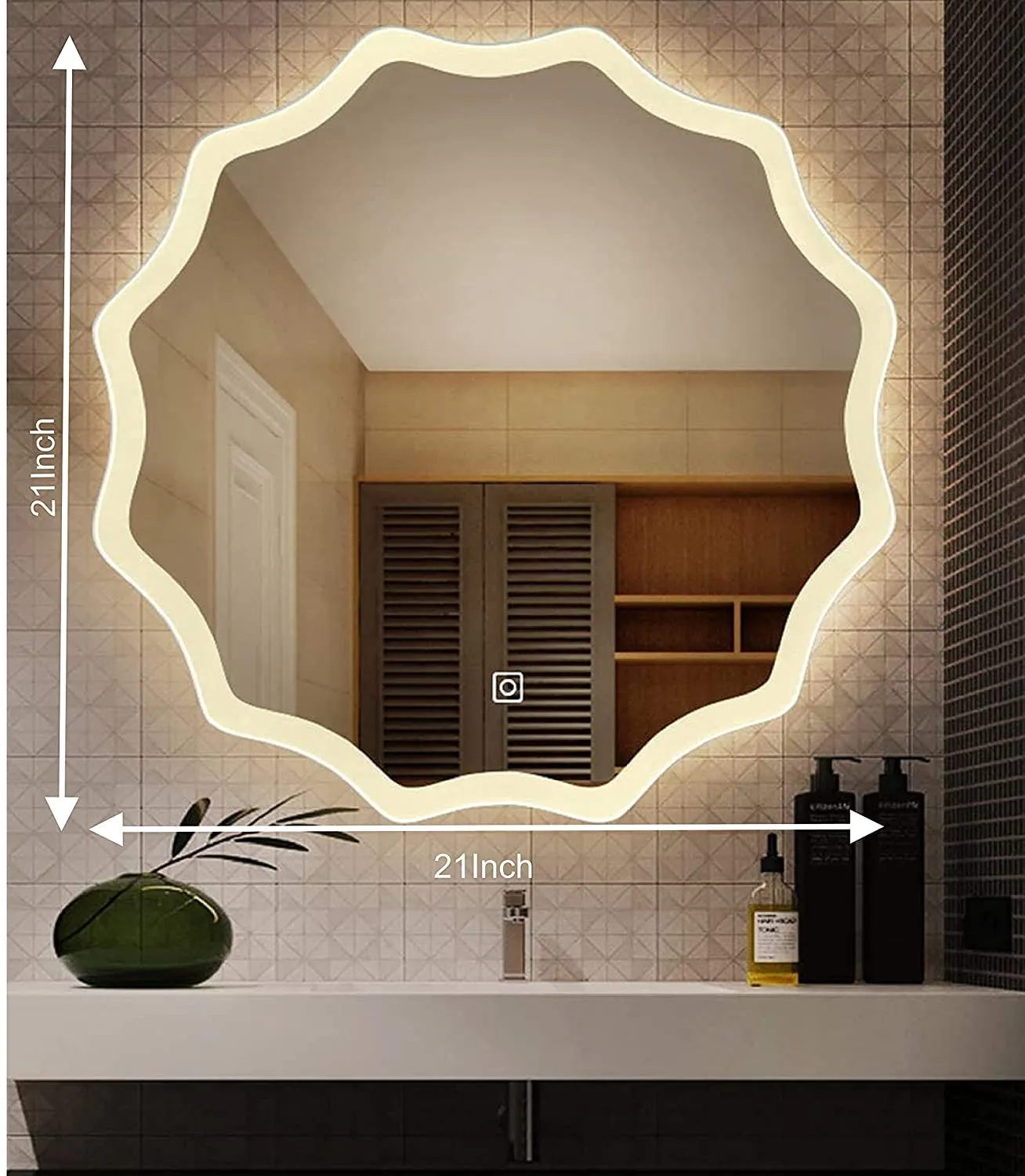 SmileSellers Led mirror Small Size with Touch Sensor (Warm Light   White Light   Cool Day Light   Dimmer, 18x18)