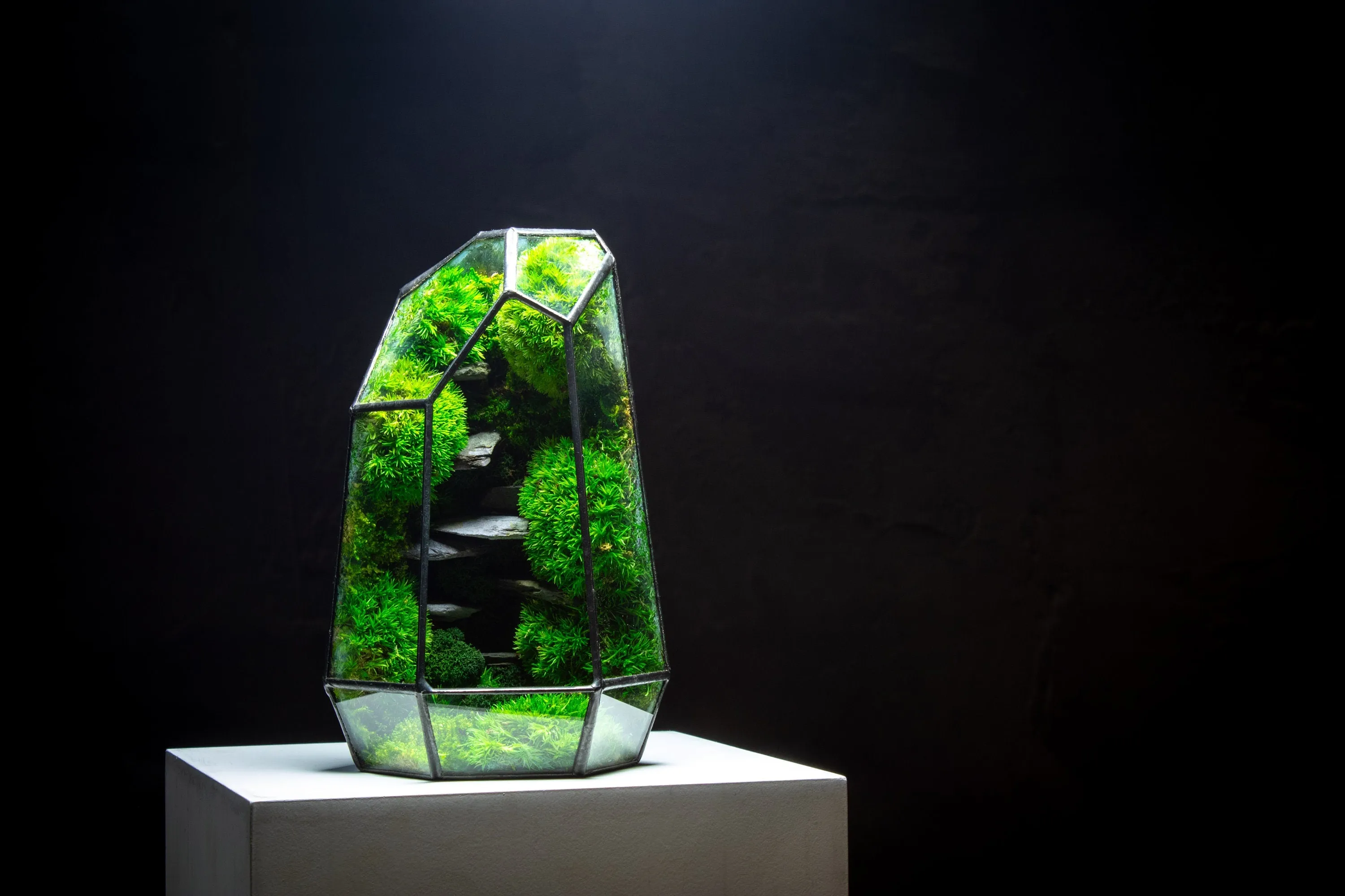 Stone Prism Terrarium with Preserved Moss, Low Maintenance, Ready-Made