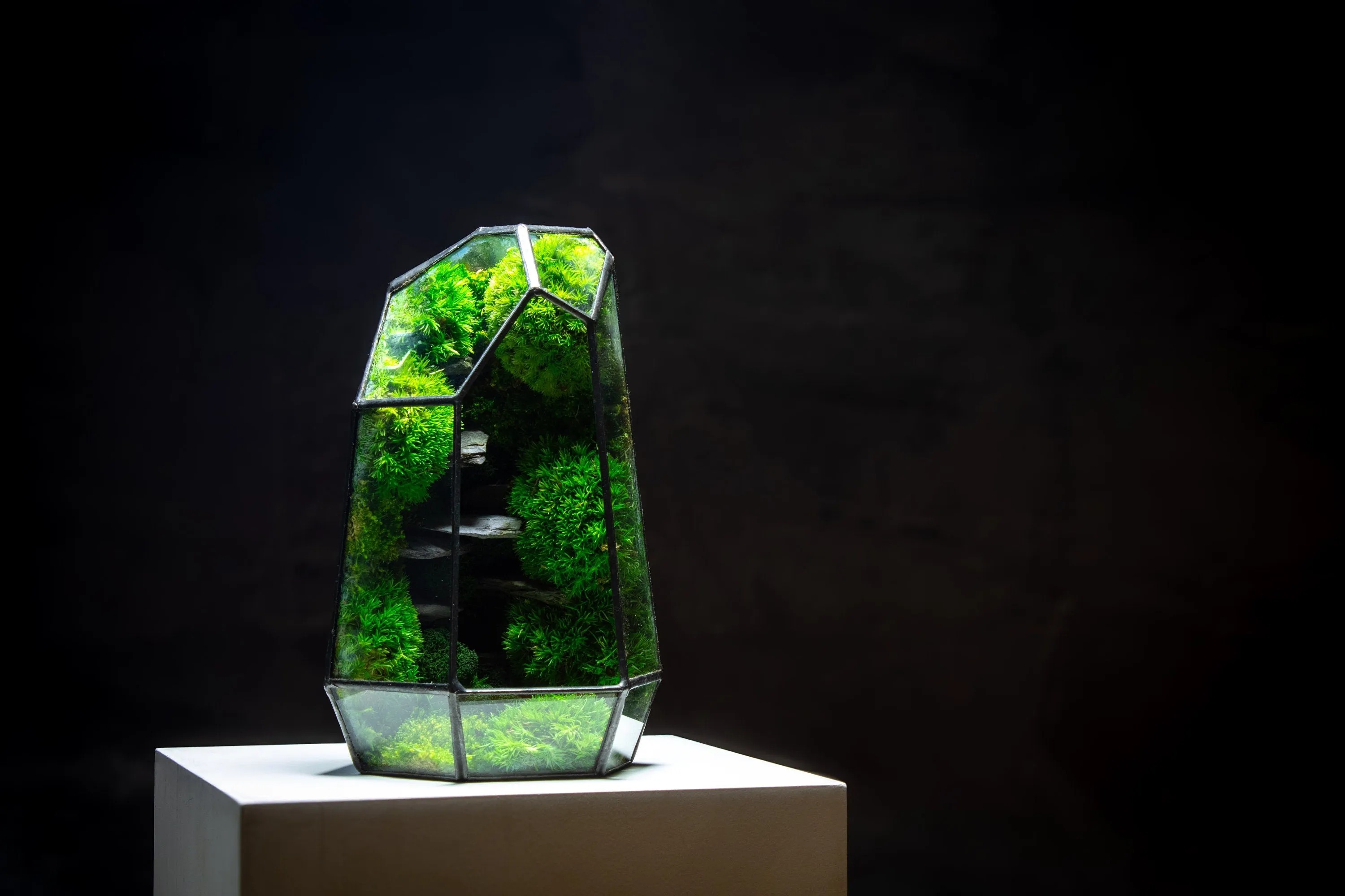 Stone Prism Terrarium with Preserved Moss, Low Maintenance, Ready-Made