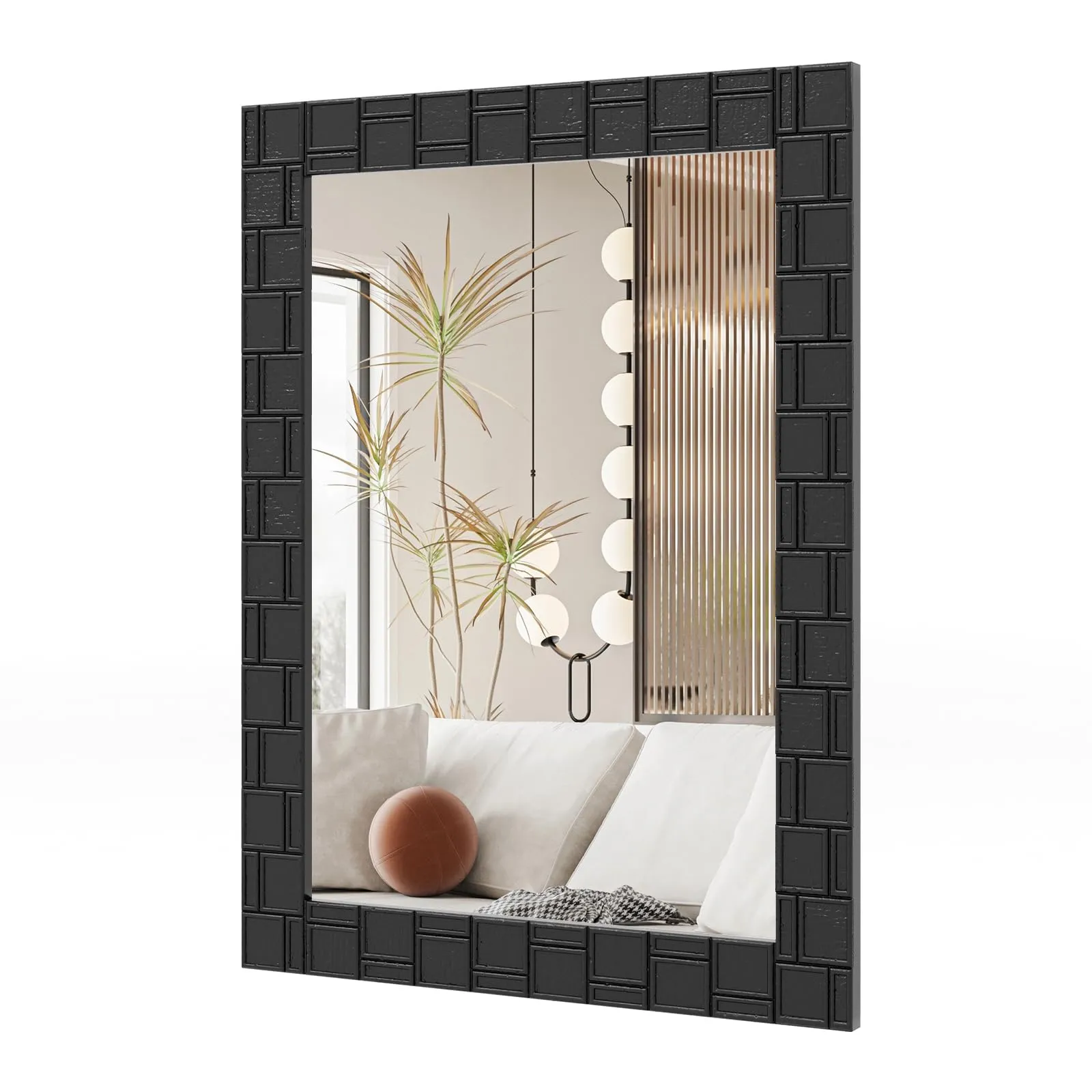 Tangkula Wood Framed Wall Mounted Mirror, 31.5" x 23.5" Rubber Wood Modern Mirror for Wall