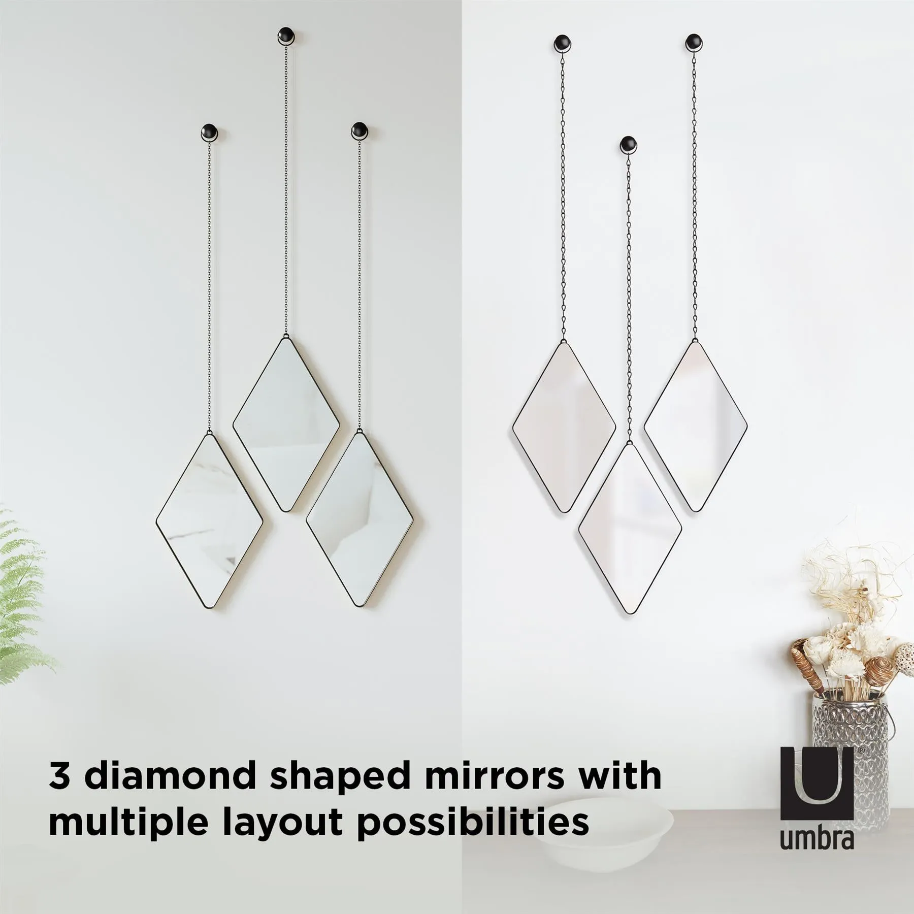 Umbra Dima Diamond Shaped Set of 3 Mirrors with Hanging Chains