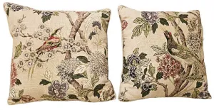 VINTAGE BIRDS & FLORAL LINEN PILLOWS (2) WITH SATIN CORD TRIM - TRADITIONAL LOOK PILLOWS - BEAUTIFUL!